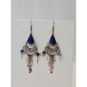 Silver Tone Metal Blue Stone Chandelier Dangle Hook Earrings